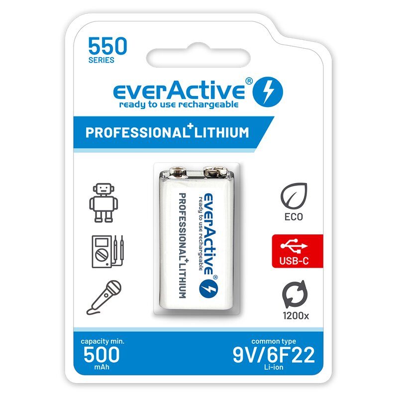 everActive 9V Li-ion 550 mAh Professional+ Lithium USB-C polnilna baterija