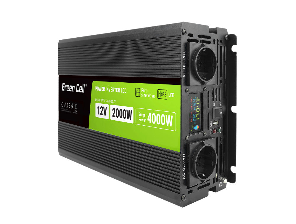 Green Cell PowerInverter LCD 12V na 230V, 2.000 W/4.000 W avtomobilski pretvornik - čisti sinusni val