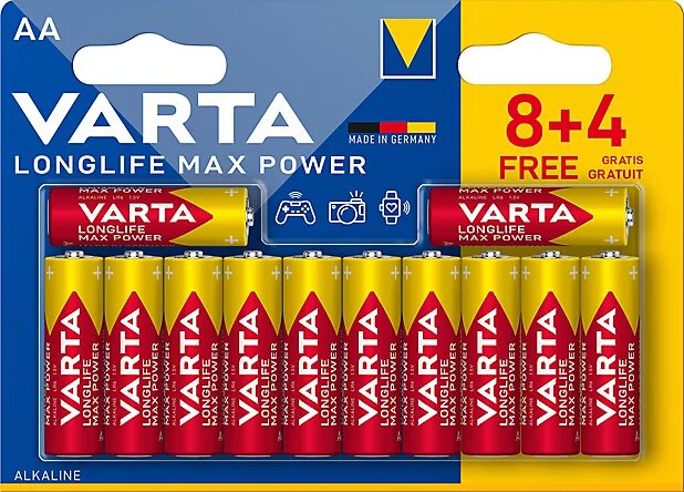 12 x Varta Longlife Max Power AA (Max Tech) alkaline batteries