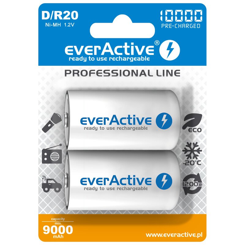 2 x everActive D Ni-MH 10000 mAh Professional line rechargeable batteries