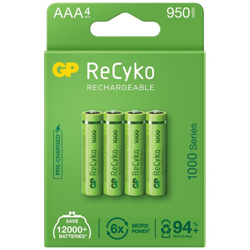 4 x GP AAA ReCyko Series 1000 Ni-MH 950mAh rechargeable batteries