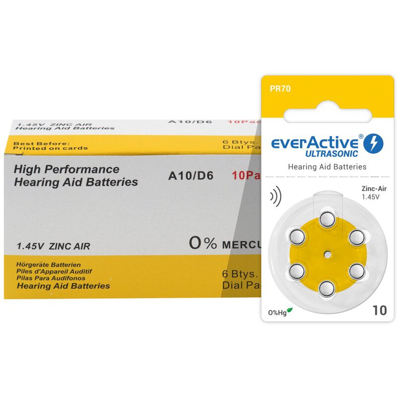 6 x everActive ULTRASONIC 10 batteries for hearing aids