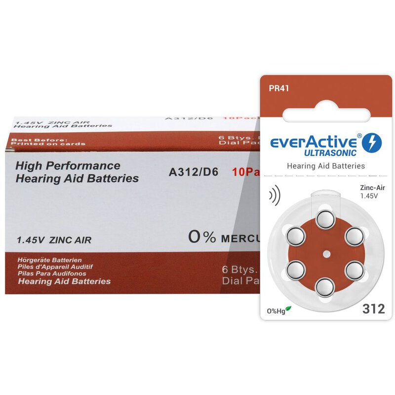 6 x everActive ULTRASONIC 312 batteries for hearing aids
