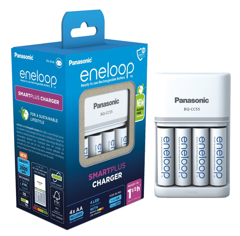 Panasonic Eneloop BQ-CC55 battery charger + 4 x AA Eneloop 2000mAh BK-3MCDE