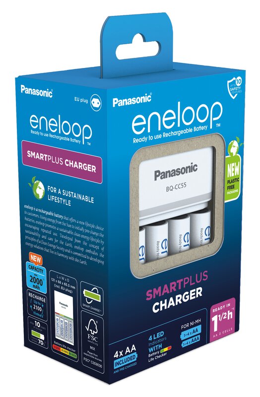 Panasonic Eneloop BQ-CC55 battery charger + 4 x AA Eneloop 2000mAh BK-3MCDE