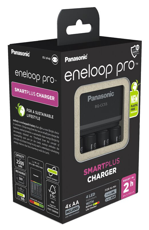 Panasonic Eneloop BQ-CC55 battery charger + 4 x AA Eneloop PRO 2500mAh BK-3HCDE EKO