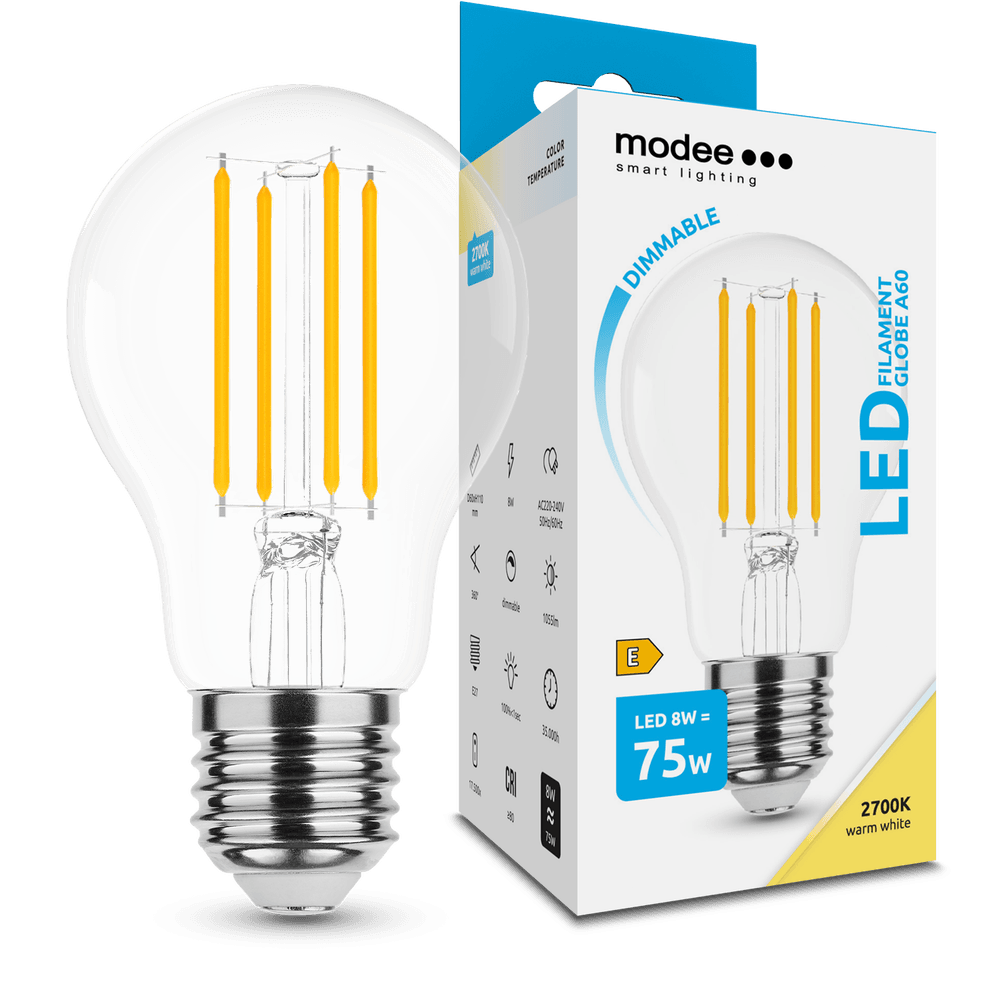 LED žarnica Modee Lighting LED Filament Globe A60 8W E27 360° 2700K (1055 lumen) dimm.